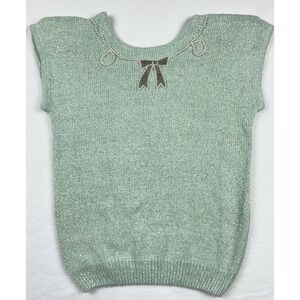 Heidi Mint Green Metallic Knit Vintage Silk Angora Wool Beaded Bow Top L